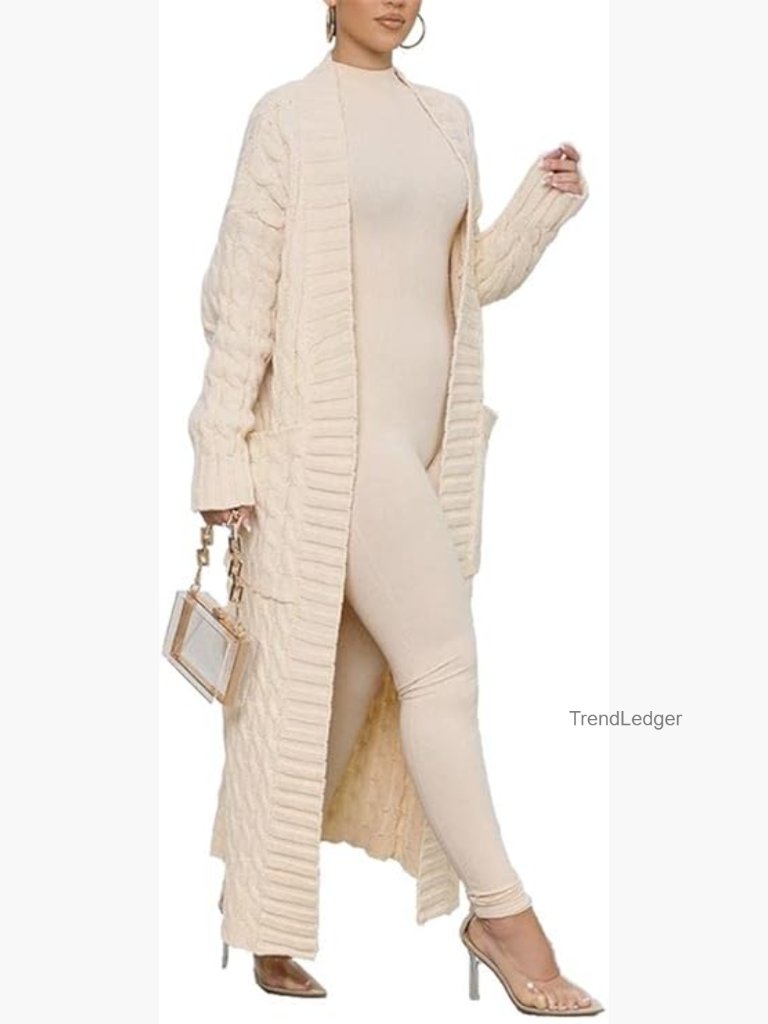 Open Front Duster Cardigan Long Sleeve Cable Knit Chunky Sweater Coat With